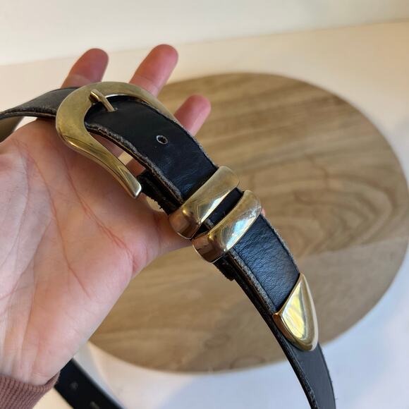 Vintage 90s USA Made Blue Black Genuine Leather Double Gold Buckle Belt Size XL - Picture 3 of 12